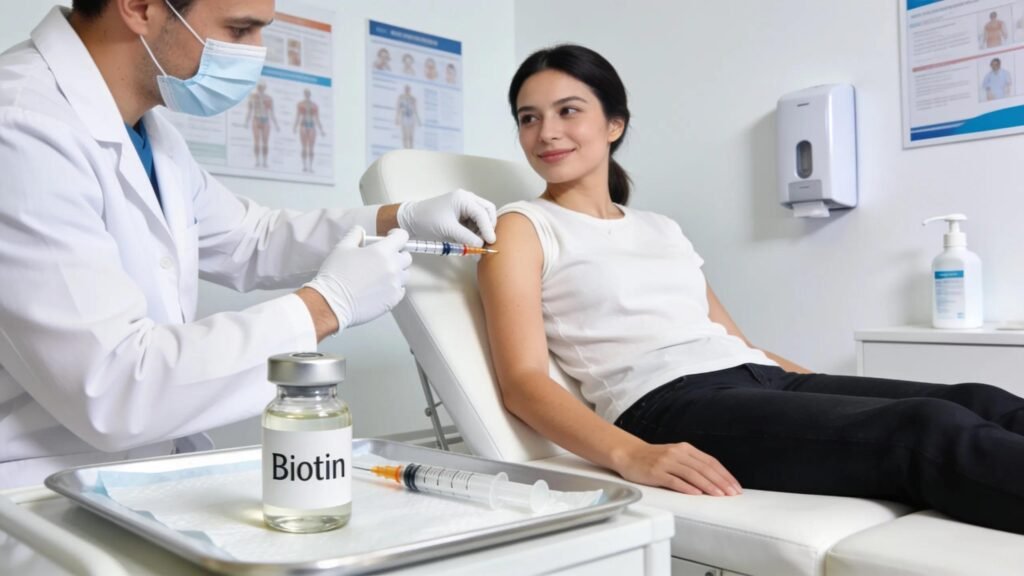 Biotin injection treatment in clinic setting, promoting healthier hair, skin, and nails.