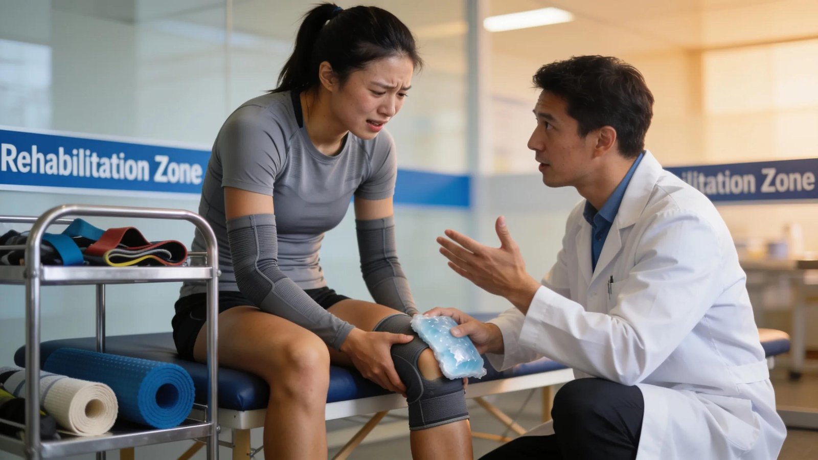 Athlete receiving post-massage care and rehabilitation guidance from a therapist in a therapy clinic.