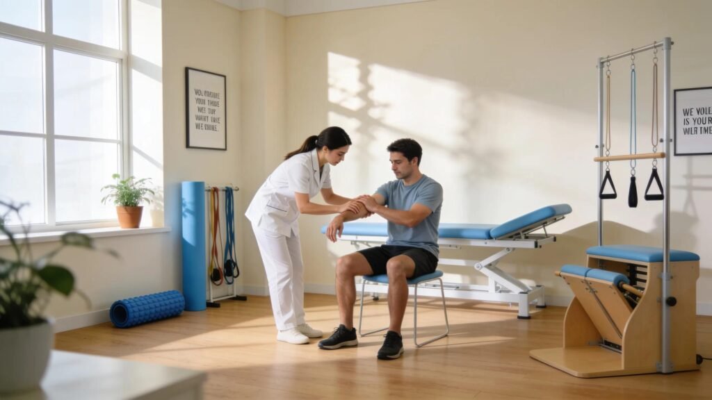 Physiotherapy clinic interior with patient and therapist demonstrating care
