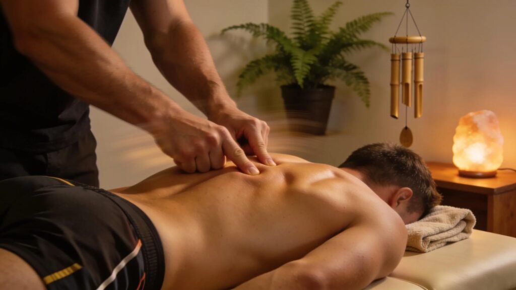 Athlete receiving sports massage therapy for injury recovery at a clinic