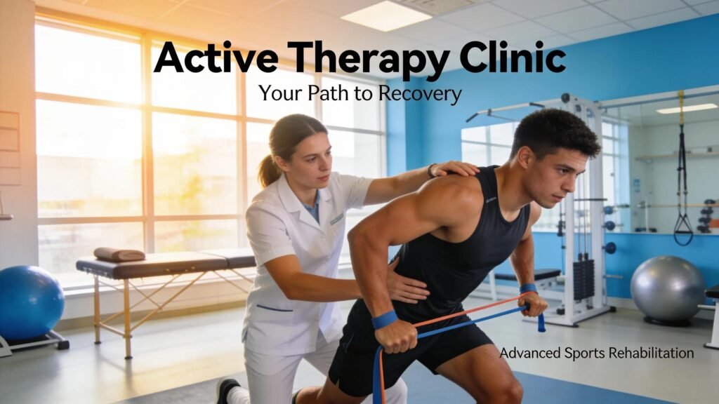 Active Therapy Clinic physiotherapy session with athlete demonstrating sports rehabilitation exercises.
