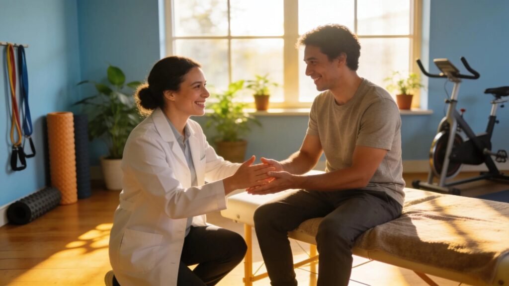 Physiotherapy clinic with a therapist assisting a patient in a supportive environment