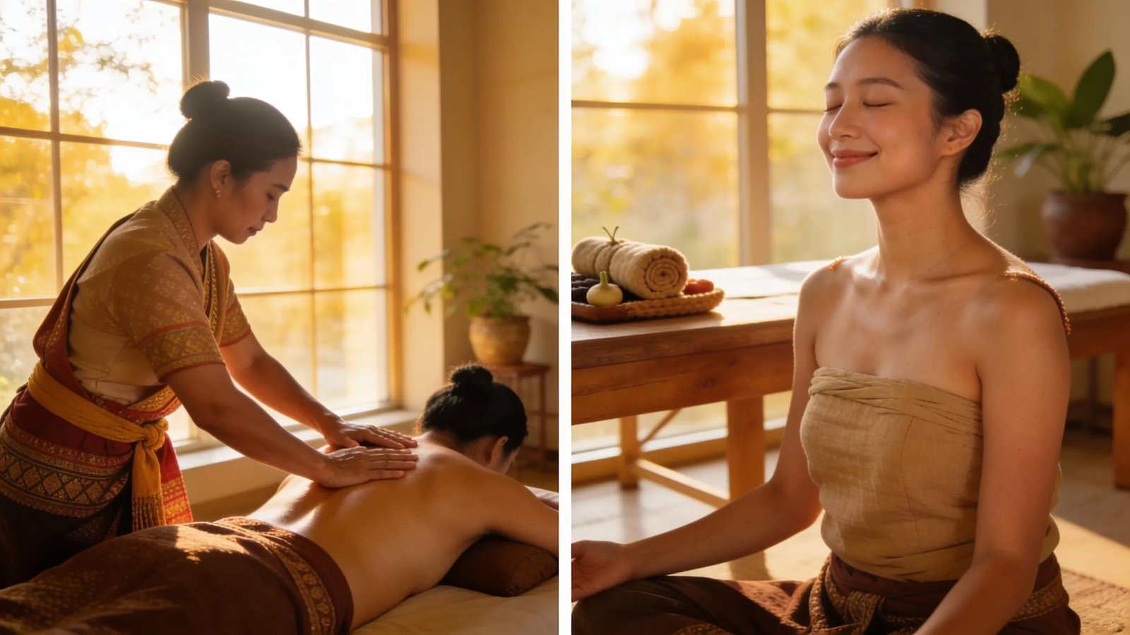 Illustration of health benefits of Thai massage including pain relief and stress reduction