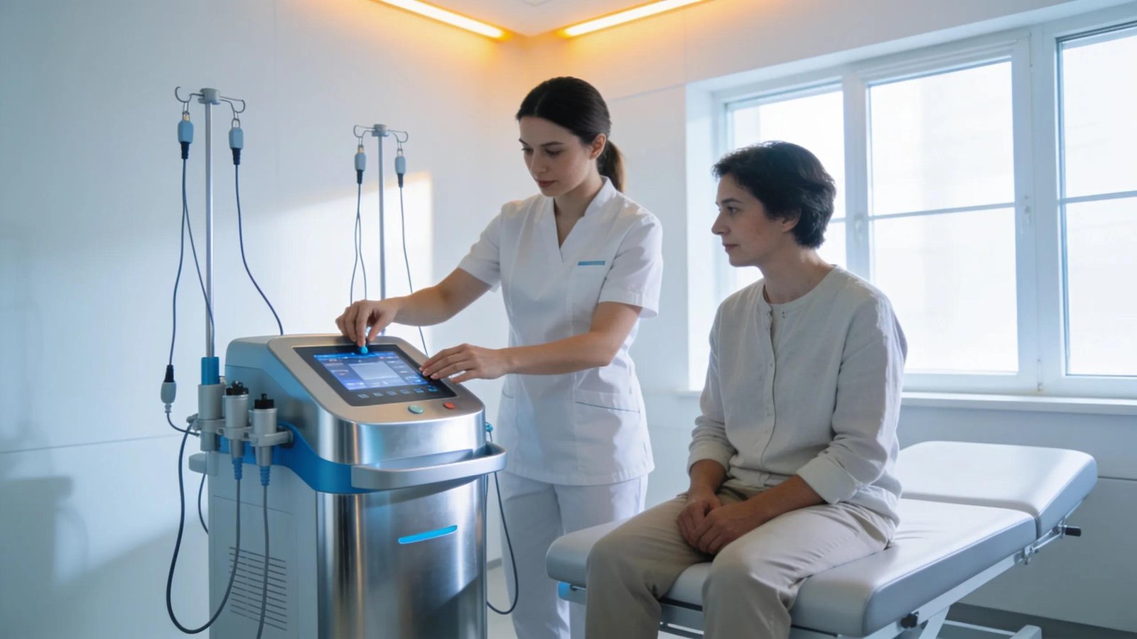 physiotherapist using electrotherapy on patient, advanced rehabilitation