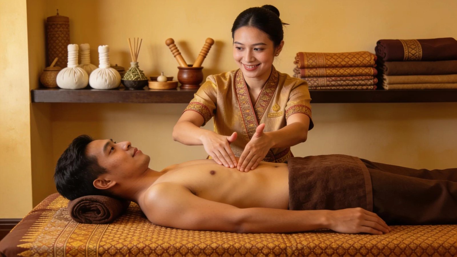 Qualified Thai massage therapist explaining treatment options to a client in a professional setting