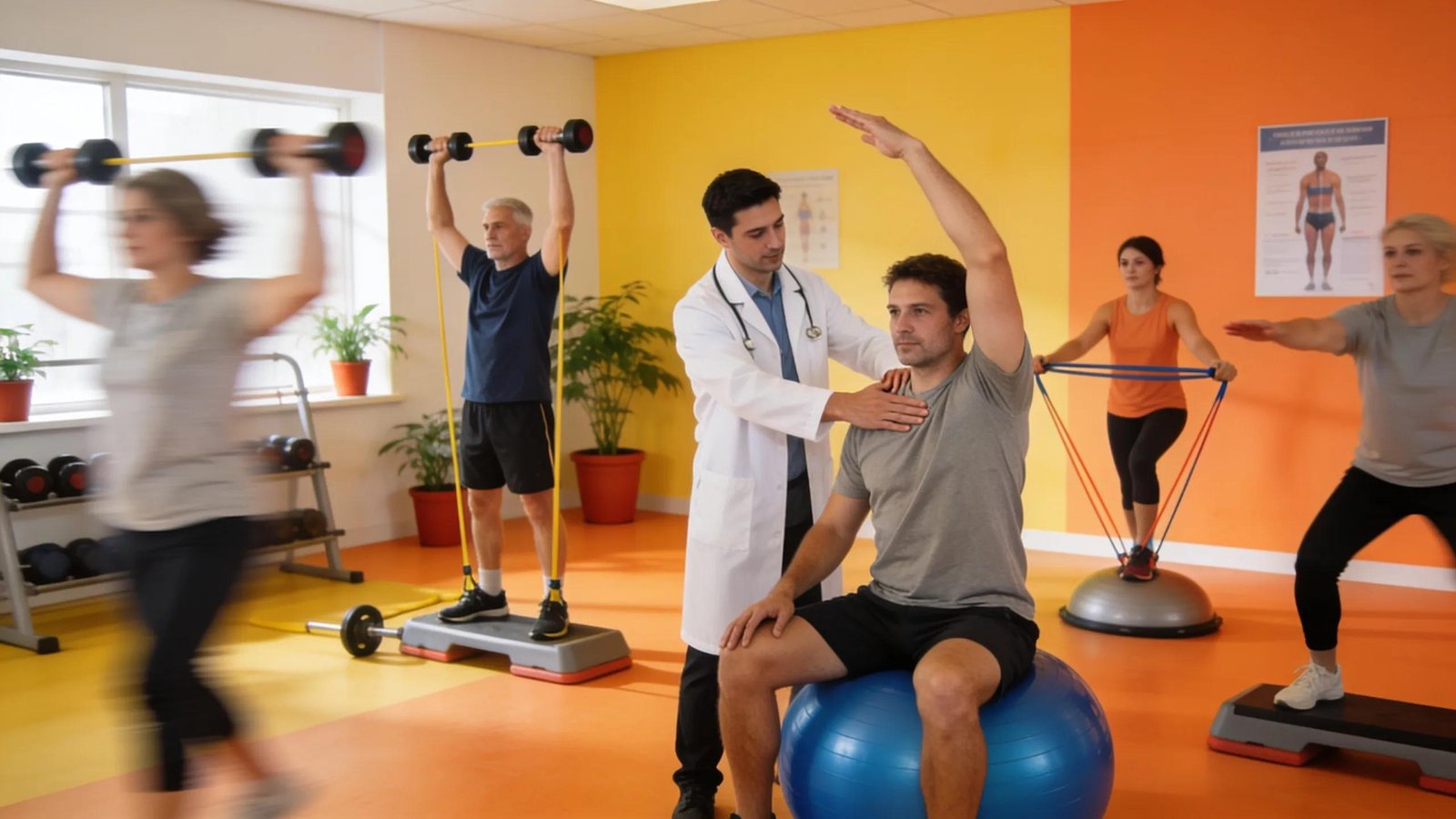 group physiotherapy session with exercises for rehabilitation