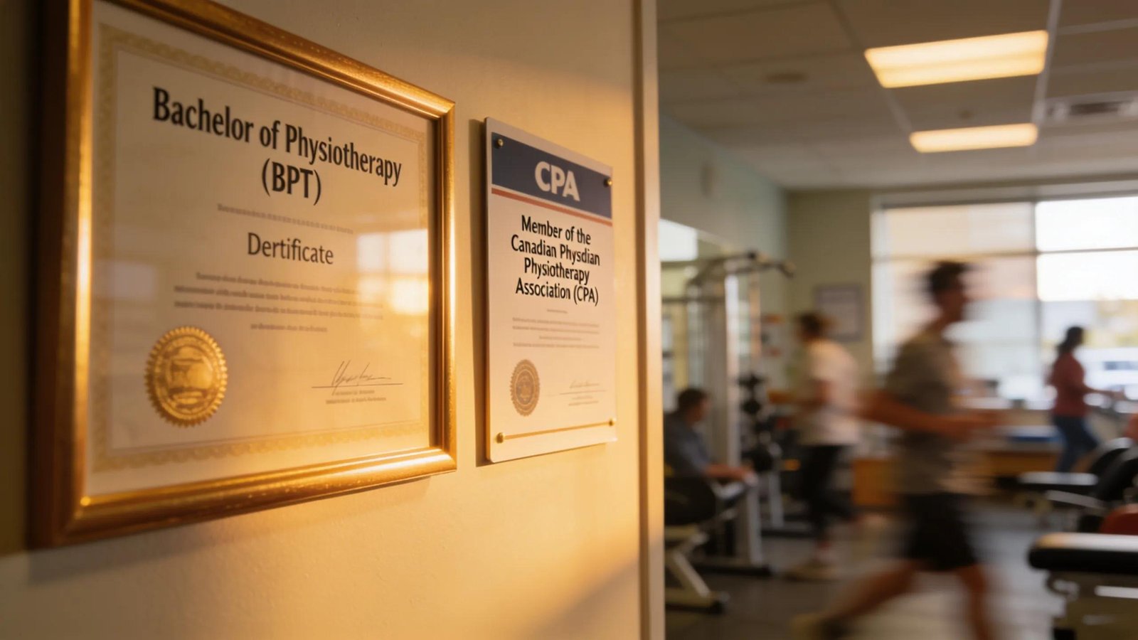 Close-up of a physiotherapist's qualifications displayed in a clinic