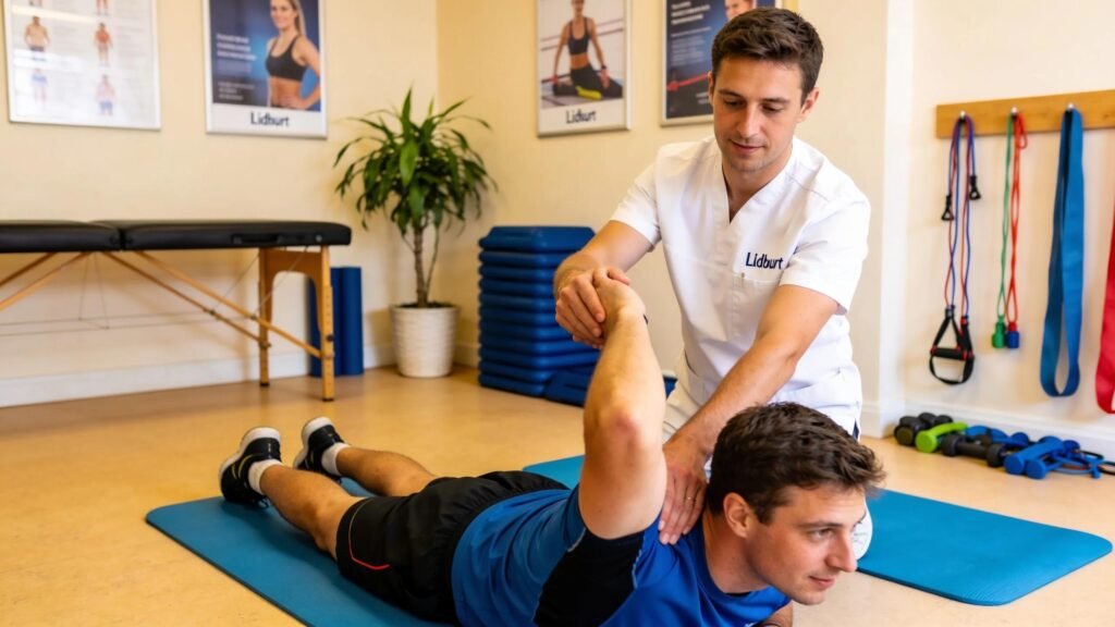Physiotherapy session in Lisburn featuring a therapist helping a patient with therapeutic exercises
