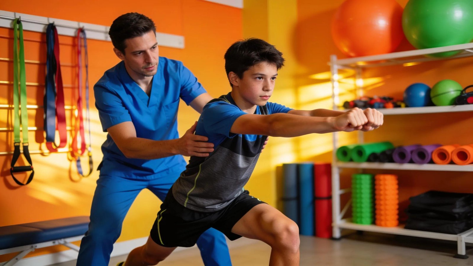Athlete receiving sports injury treatment with physiotherapist in a dynamic rehabilitation session