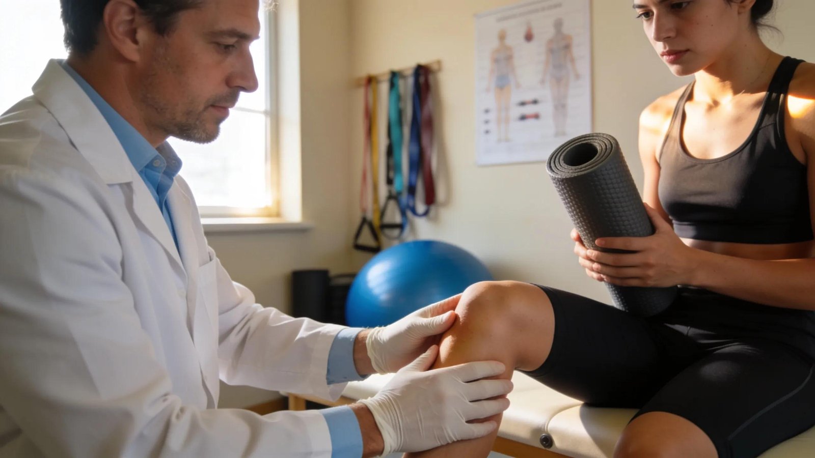 Physiotherapist assessing a patient to promote recovery during sports injury rehabilitation