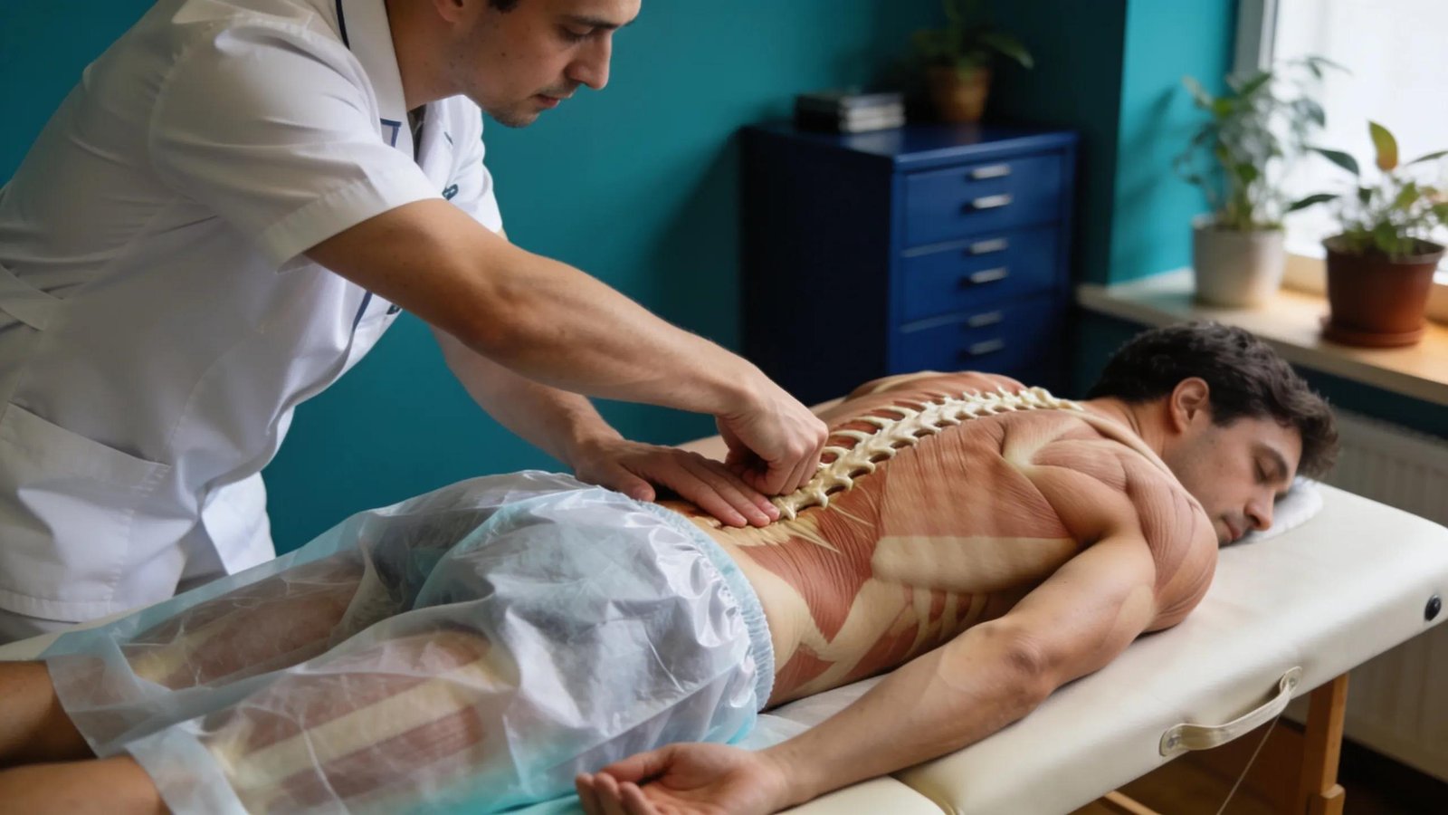 Therapist performing deep tissue massage technique on athlete, emphasising injury prevention and treatment in a clinical setting