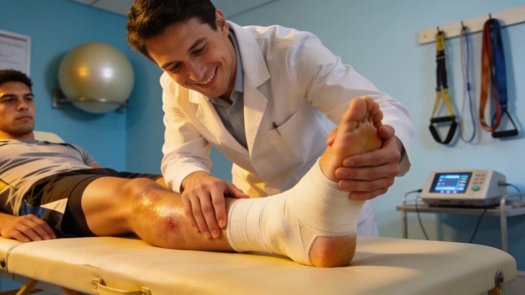 Athlete receiving physiotherapy for ankle sprain support in a professional clinic setting