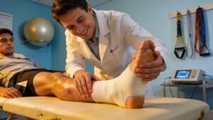 Athlete receiving physiotherapy for ankle sprain support in a professional clinic setting