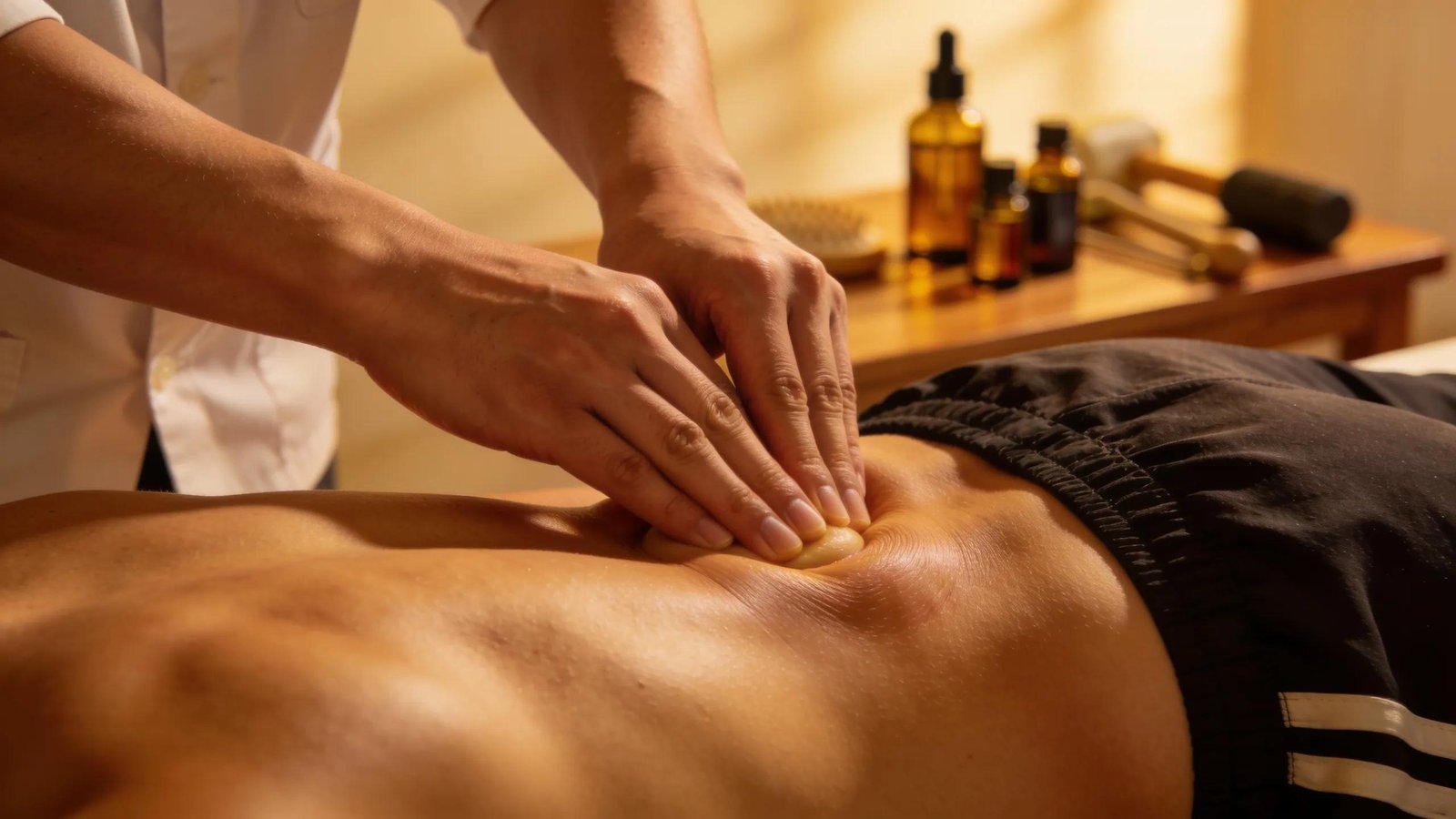 Demonstration of sports massage techniques focusing on deep tissue and trigger point therapy in a relaxed environment.