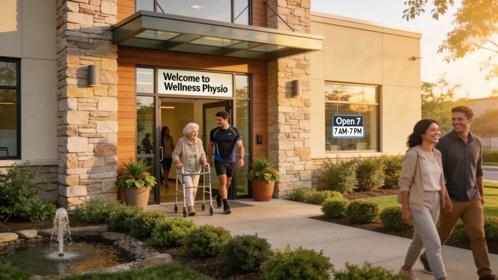 modern physiotherapy clinic entrance with patients, Lisburn