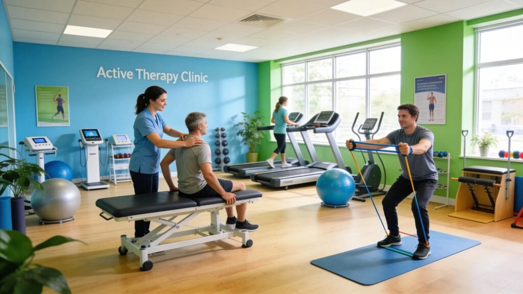 Active Therapy Clinic physiotherapy session with patient and therapist in modern rehabilitation facility.