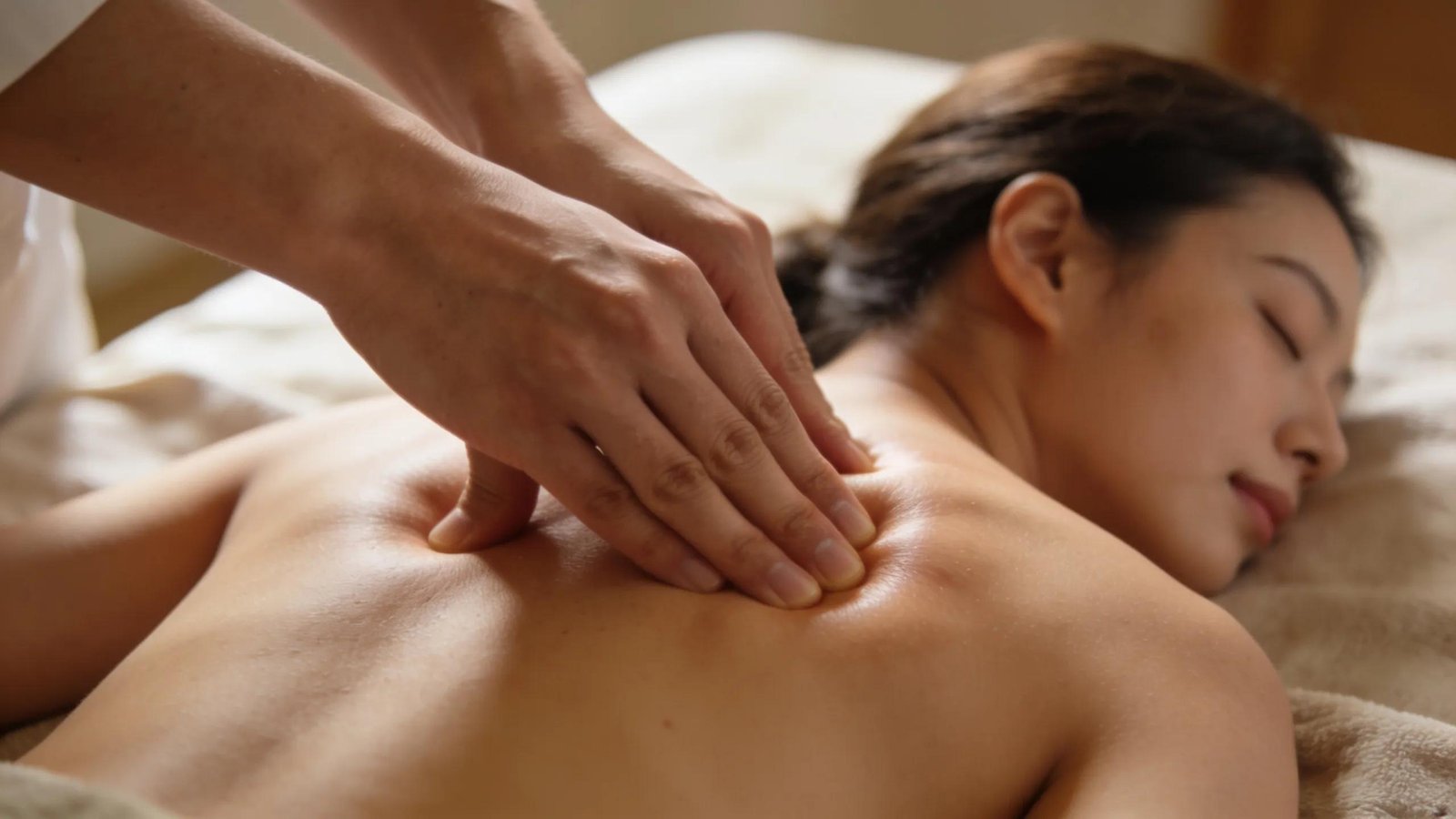 Close-up of deep tissue massage demonstrating therapeutic technique on a client's back