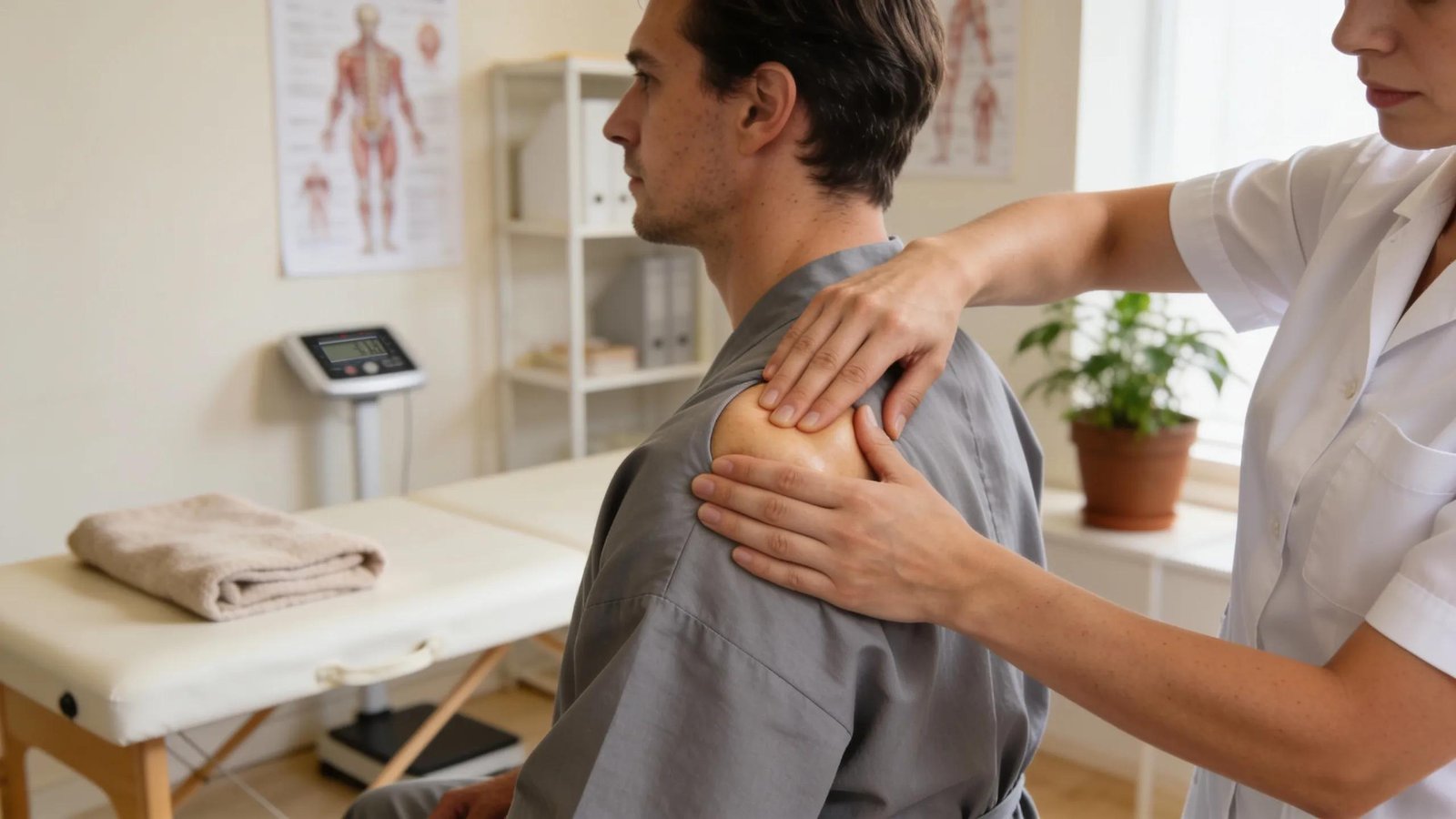 Physiotherapist providing manual therapy treatment to patient's shoulder in clinic setting.