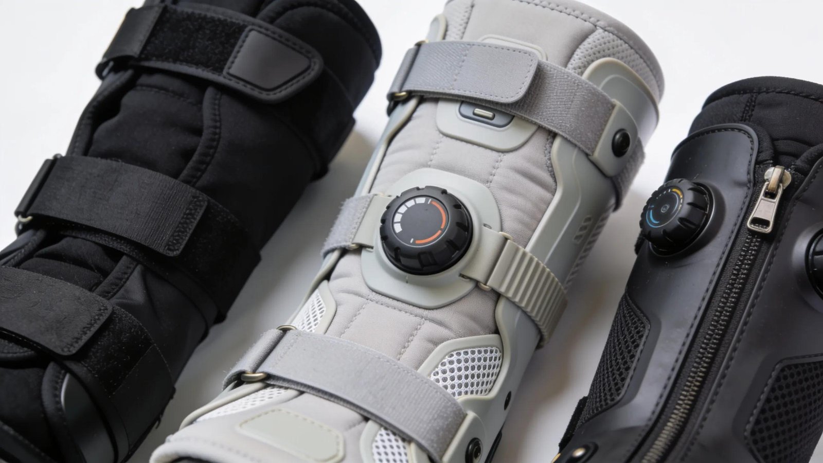 Close-up of various compression boots highlighting features and benefits for muscle recovery