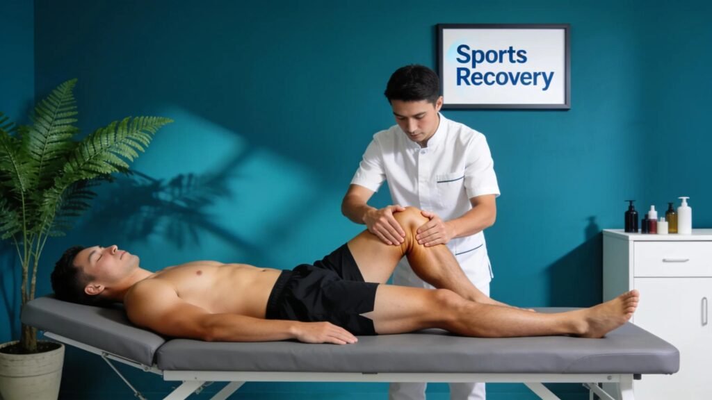 Professional sports massage session showcasing therapist and athlete in calming teal and deep blue environment