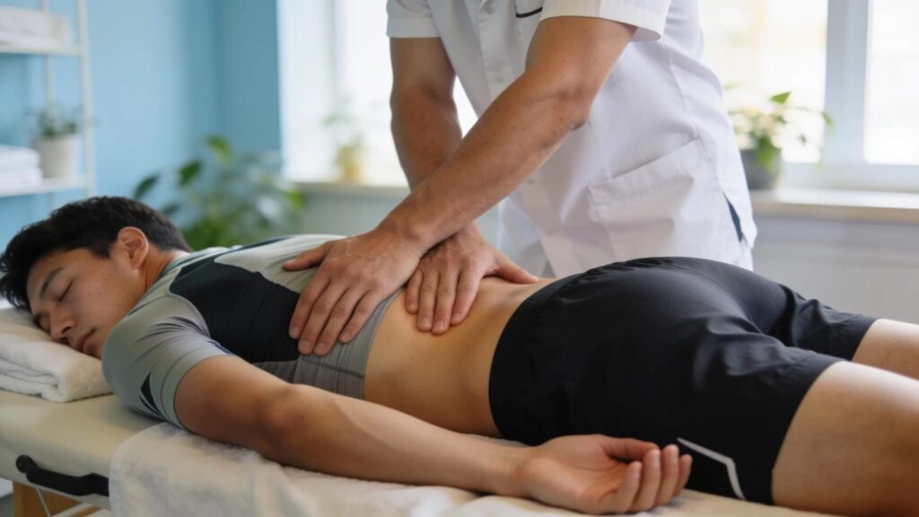 Sports massage therapist working on an athlete in a clinical setting, highlighting recovery and muscular therapy.