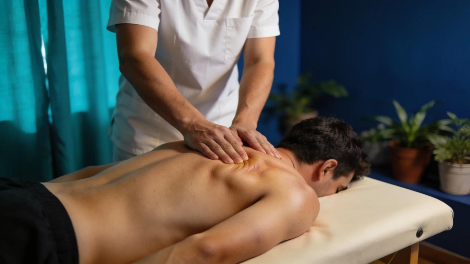 Therapist assisting patient with chronic muscle pain through deep tissue massage in a tranquil, professional setting