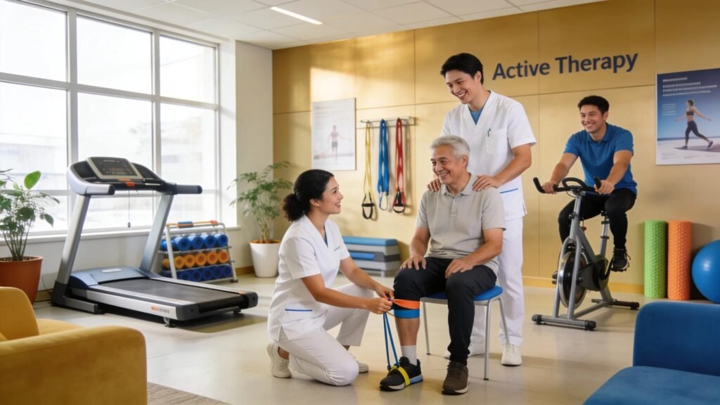 Active Therapy Clinic physiotherapy team assisting patient with rehabilitation exercises in modern clinic setting.