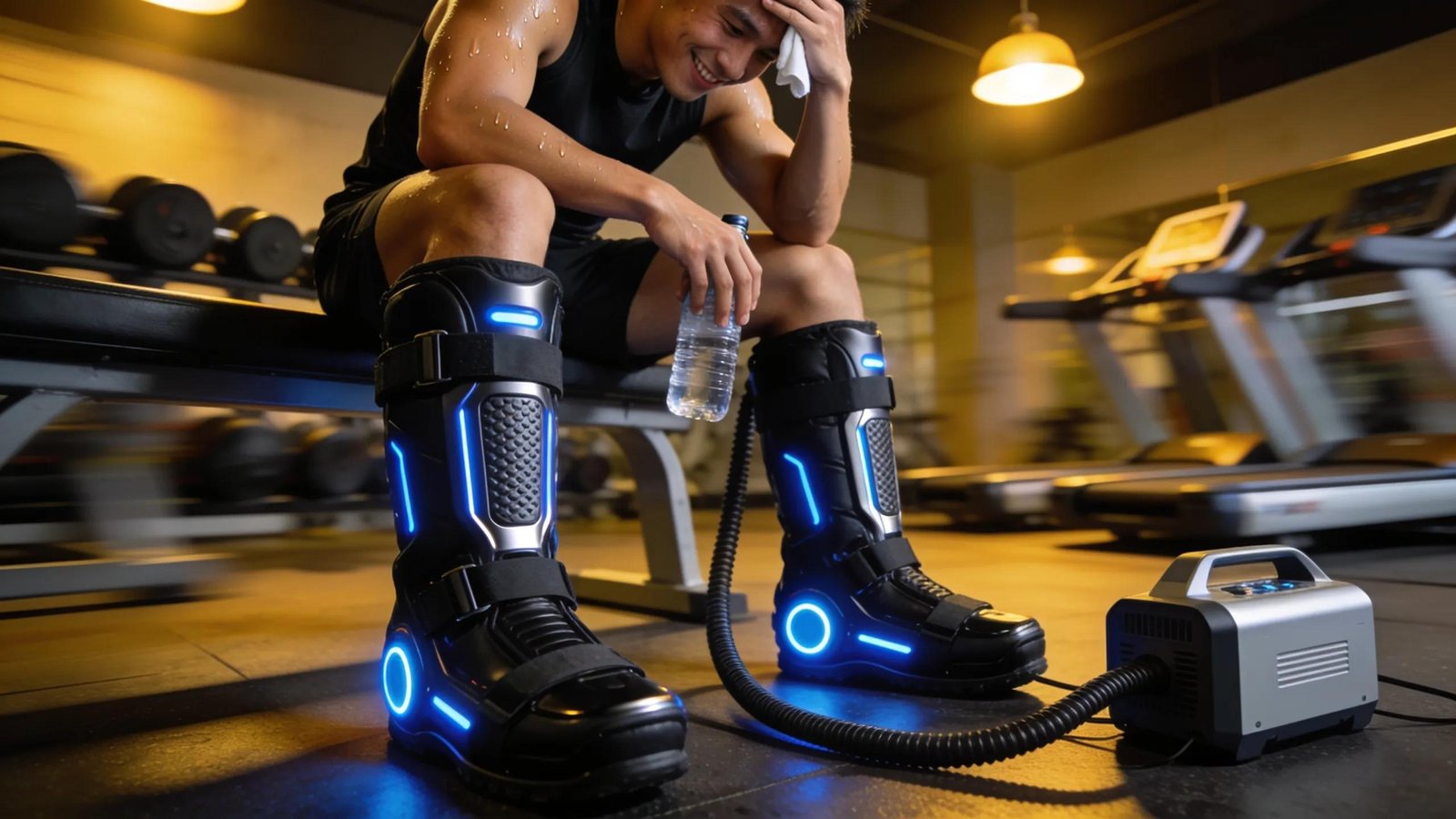 Athlete using pneumatic compression boots post-training, emphasising recovery and circulation benefits
