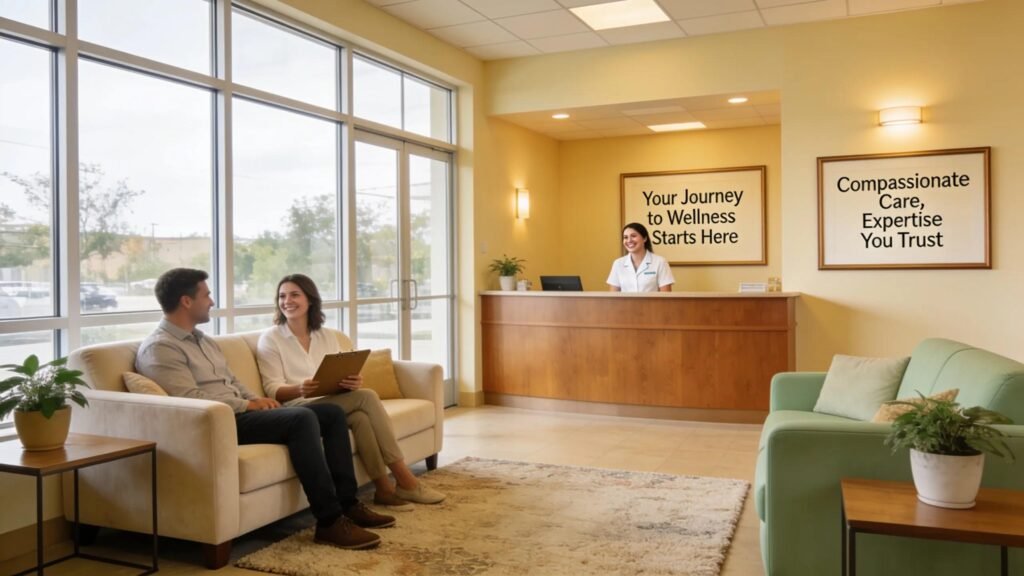 Warm and inviting reception at Active Therapy Clinic with staff and patient interaction