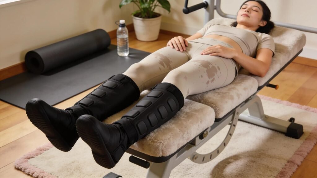 Woman receiving compression boot therapy for leg recovery and muscle recovery.