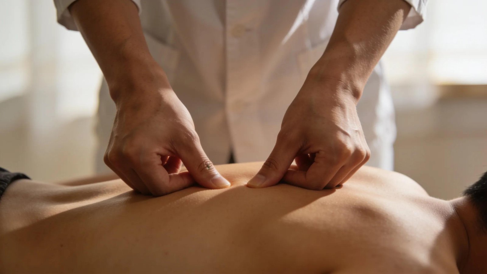 Physiotherapist performing manual therapy technique on patient's back for musculoskeletal relief