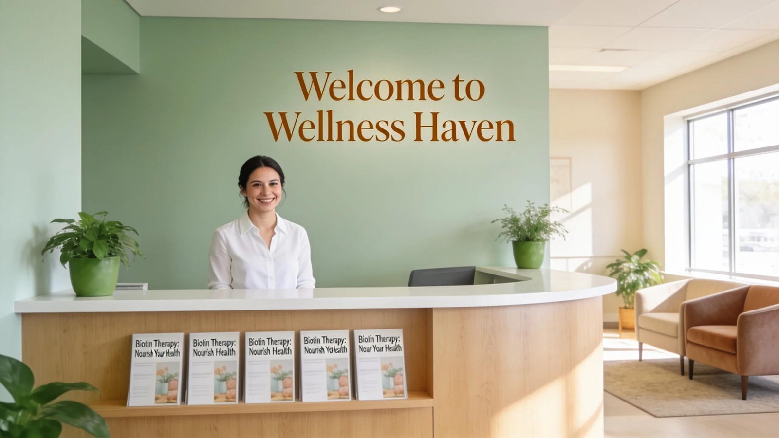Modern wellness clinic reception area, showcasing ease of access for biotin injection therapy appointments