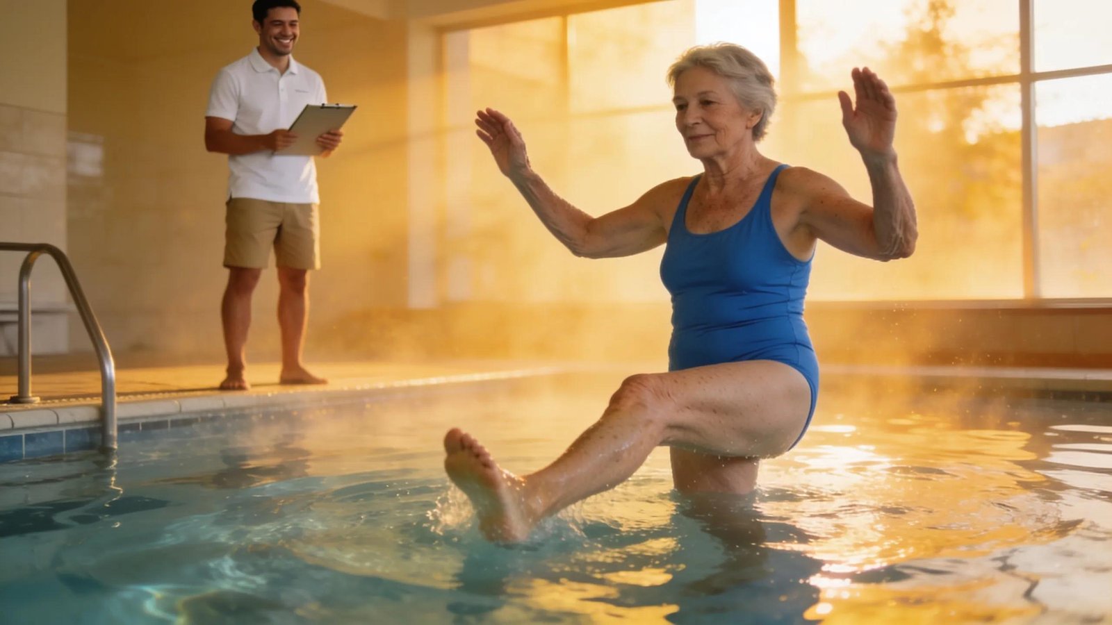 Woman performing aquatic therapy exercises in pool, physiotherapist observing with clipboard.