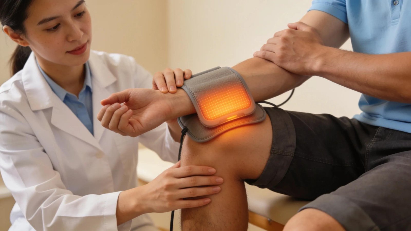 Physiotherapist demonstrating rehabilitation techniques for muscle strain recovery and support