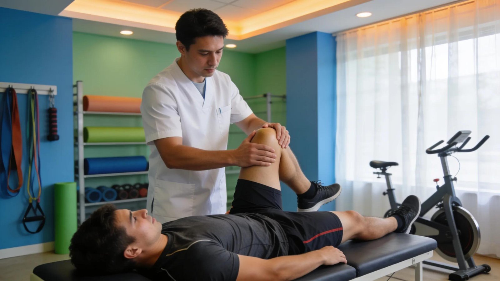 Physiotherapist treating a patient with a sports injury in a clinic