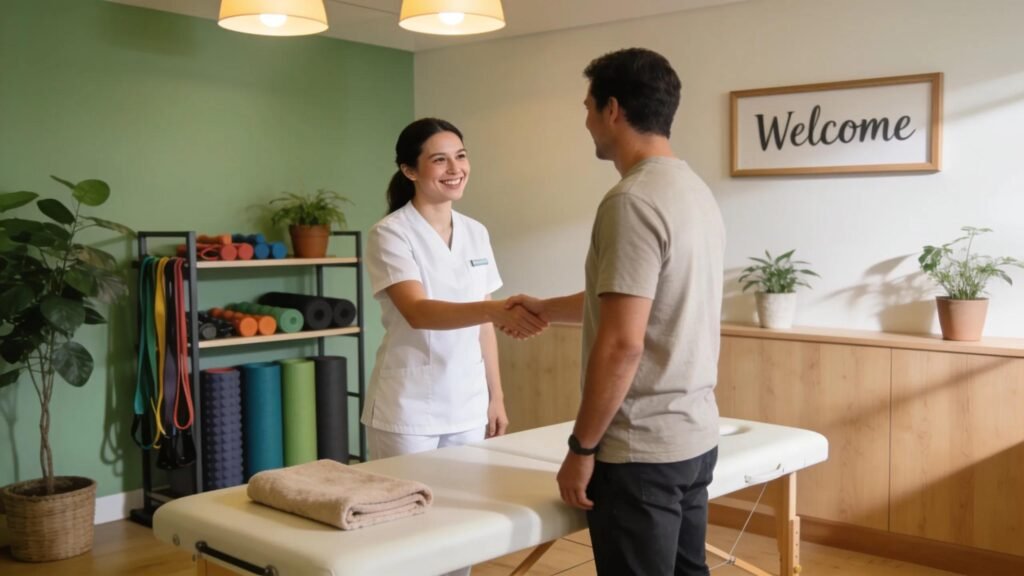 Physiotherapist greeting patient at Active Therapy Clinic, Lisburn, with treatment table and rehabilitation equipment visible.