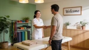 Welcoming physiotherapy clinic showing patient and physiotherapist interaction