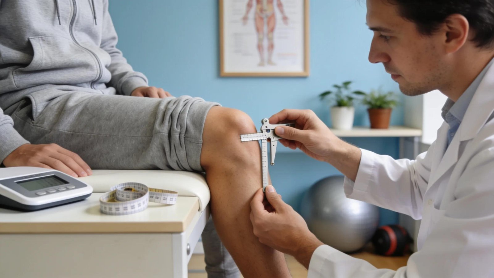 Physiotherapist performing an assessment on a patient, demonstrating personalized care in a supportive clinic setting