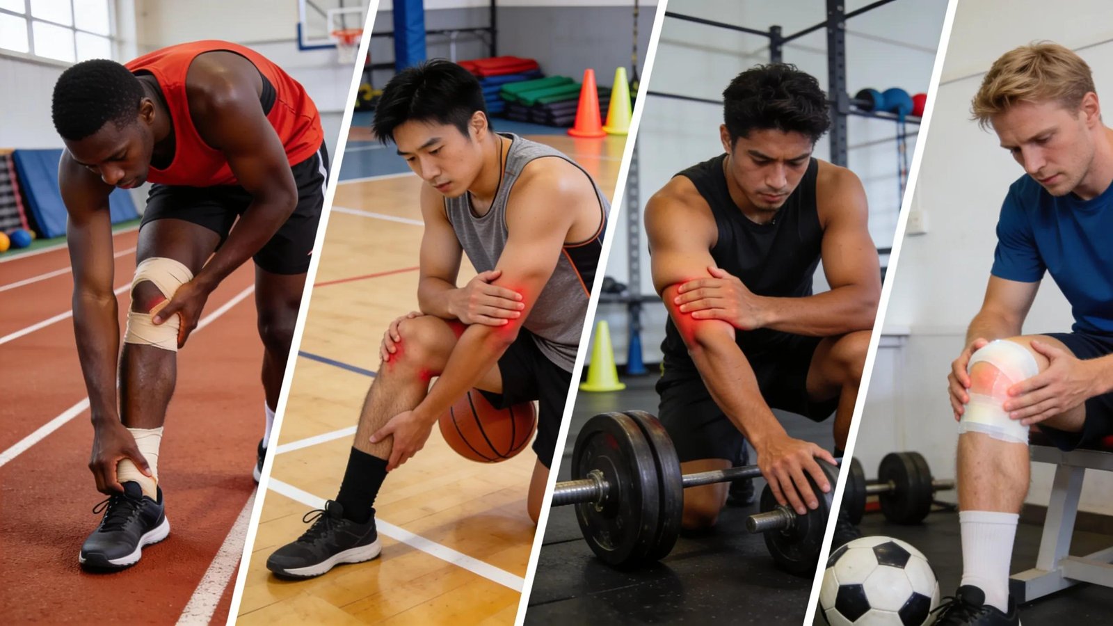 Diverse athletes experiencing different sports injuries like sprains and strains, emphasising common athletic injuries