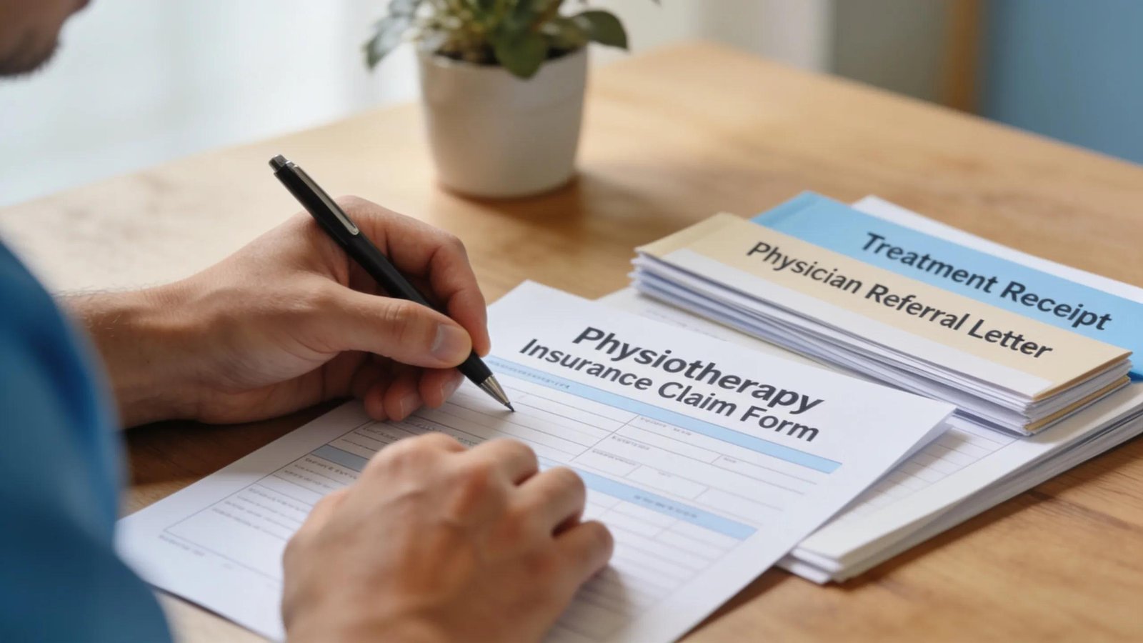 Patient organising insurance claim paperwork at a desk, illustrating the process of submitting a physiotherapy claim