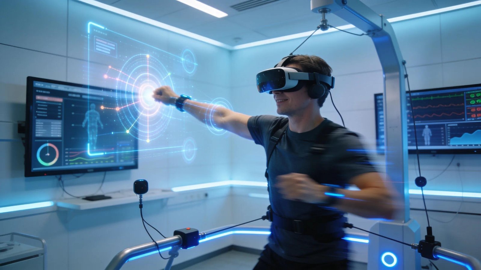 Patient using VR technology for advanced rehabilitation and sports injury recovery.
