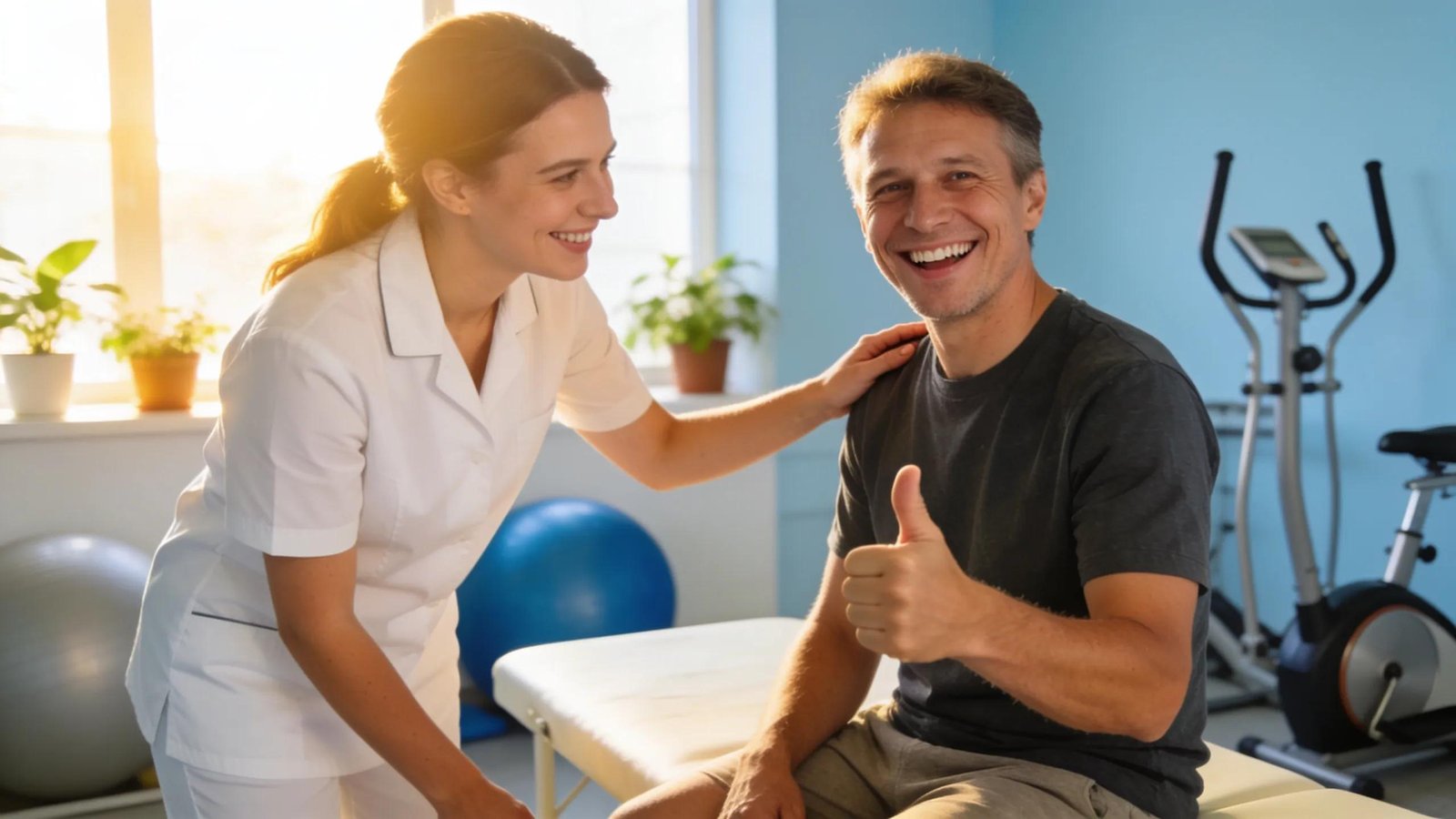 Patient sharing a positive recovery experience with a physiotherapist in a vibrant clinical setting.