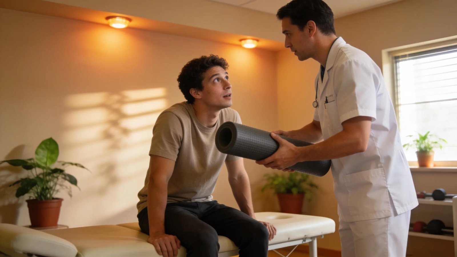 Physiotherapist examining patient with exercise foam roller, Active Therapy Clinic rehabilitation.
