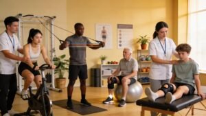Diverse individuals in a physiotherapy clinic engaging in rehabilitation exercises with professional guidance