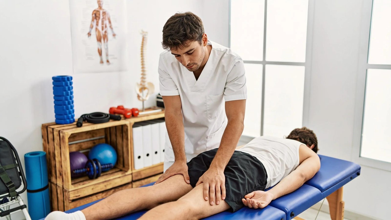 Physiotherapist performing manual therapy techniques on a patient in a specialized treatment room.