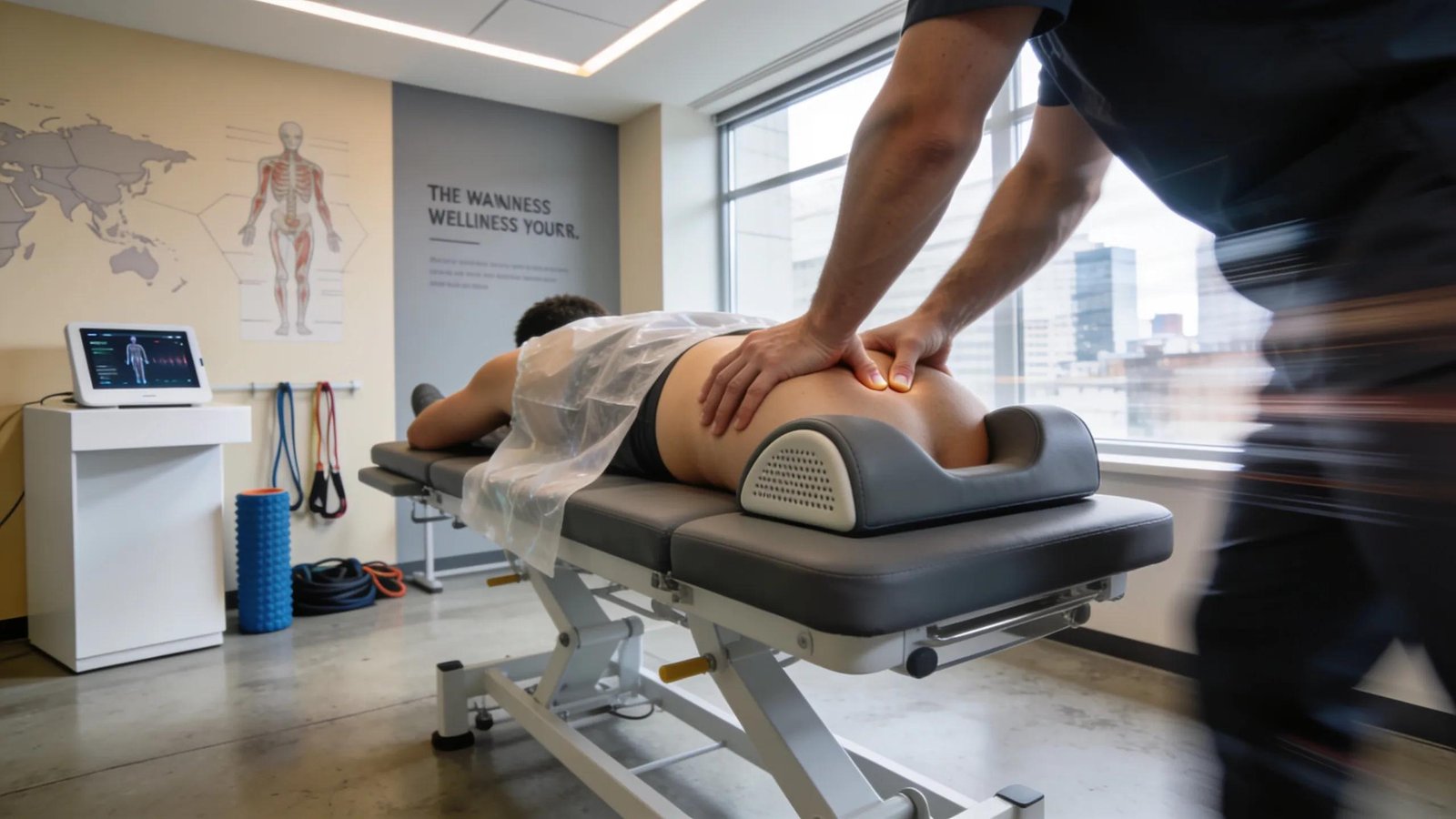 Patient receiving manual therapy treatment from a physiotherapist in a modern clinic, emphasising physical rehabilitation