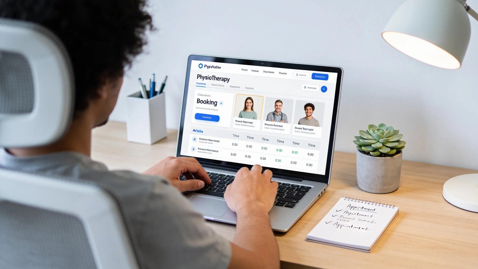 An individual booking a physiotherapy appointment online at a modern workstation