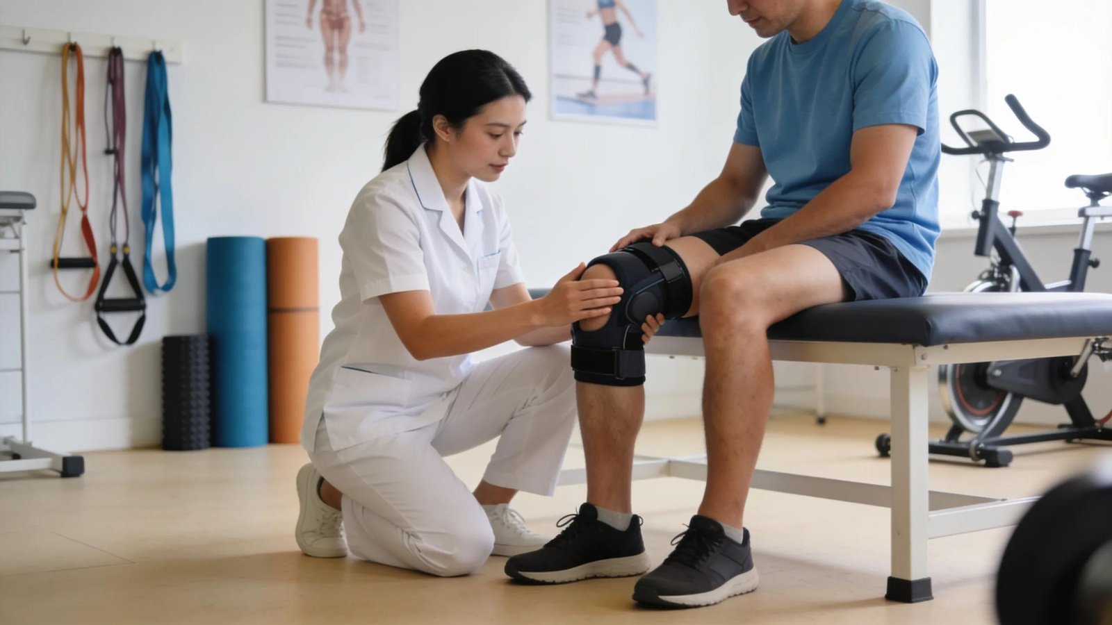 Physiotherapist assisting a patient with knee bends during rehabilitation, illustrating the phased approach to recovery.