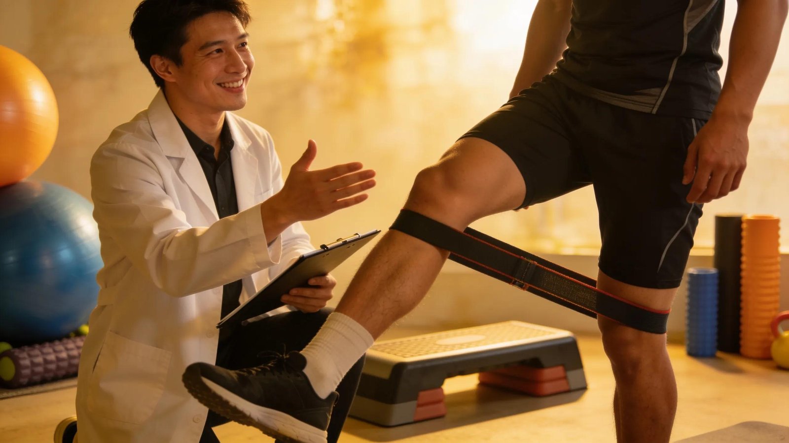 Physiotherapist assisting athlete with personalized rehabilitation exercises, showcasing individualized treatment approaches
