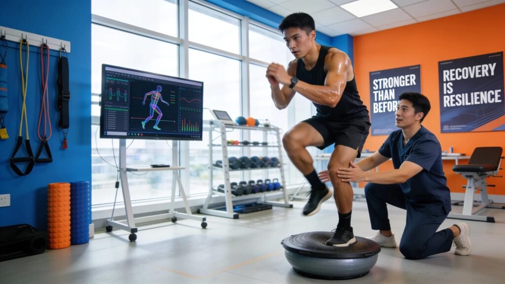 Athlete receiving sports physiotherapy in a clinic, highlighting rehabilitation services and personalized care